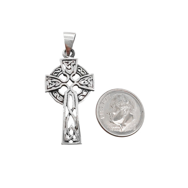Sterling Silver Celtic Cross Pendant with oxidized Finish, 37mm