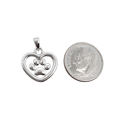 Sterling Silver Dog Paw and Heart Pendant, 16mm