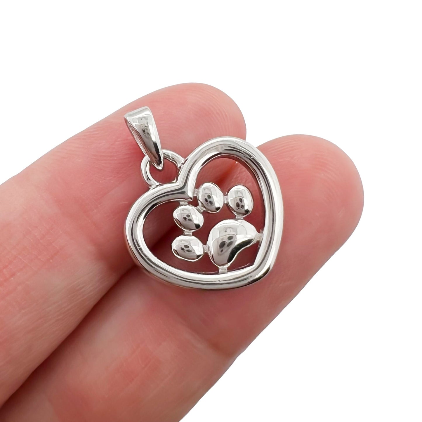 Sterling Silver Dog Paw and Heart Pendant, 16mm