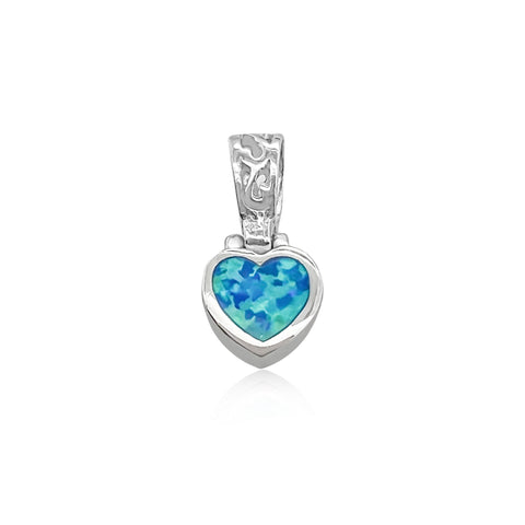 Sterling Silver Tiny Heart Pendant with Lab Created Blue Opal, 9.5mm