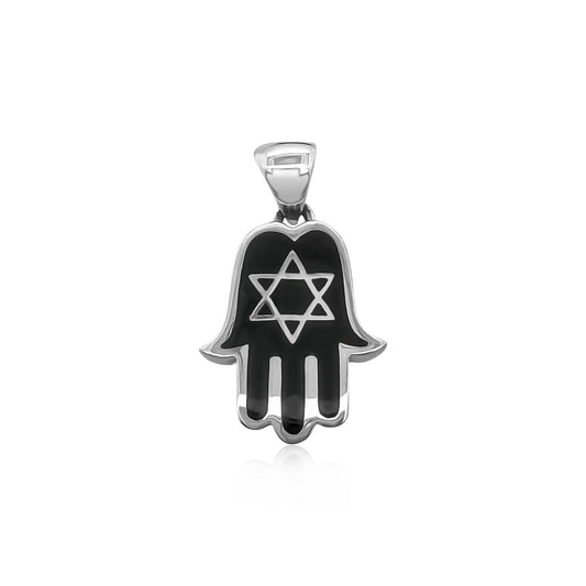 Sterling Silver Hamsa Hand Star of David Pendant with Black Onyx Stone, 23mm