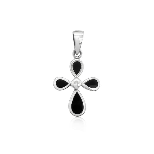 Sterling Silver Cross Pendant with Black Onyx Stone, 25mm