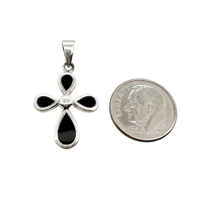 Sterling Silver Cross Pendant with Black Onyx Stone, 25mm