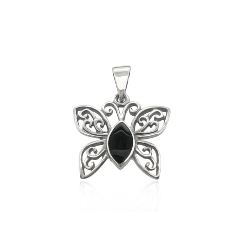 Sterling Silver Butterfly Pendant with Black Onyx Stone, 19mm