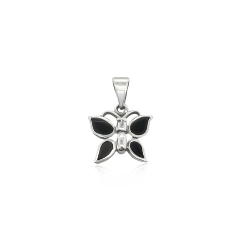Sterling Silver Butterfly Pendant with Black Onyx Stone, 13mm
