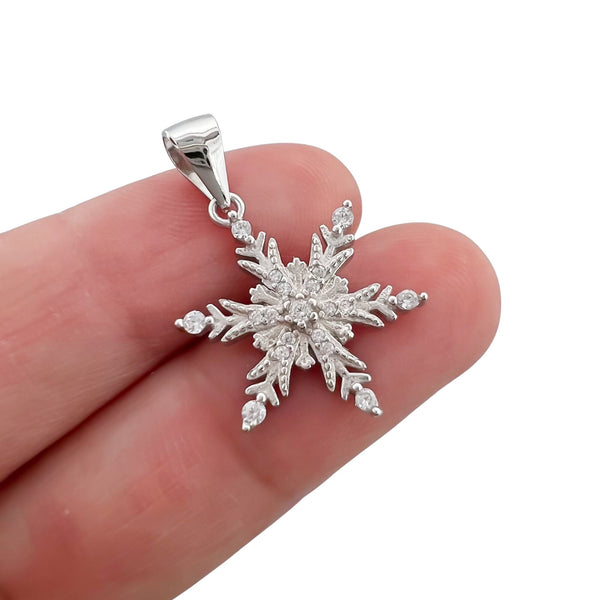 Sterling Silver Snowflake Pendant with Cubic Zirconia Crystals, 18mm
