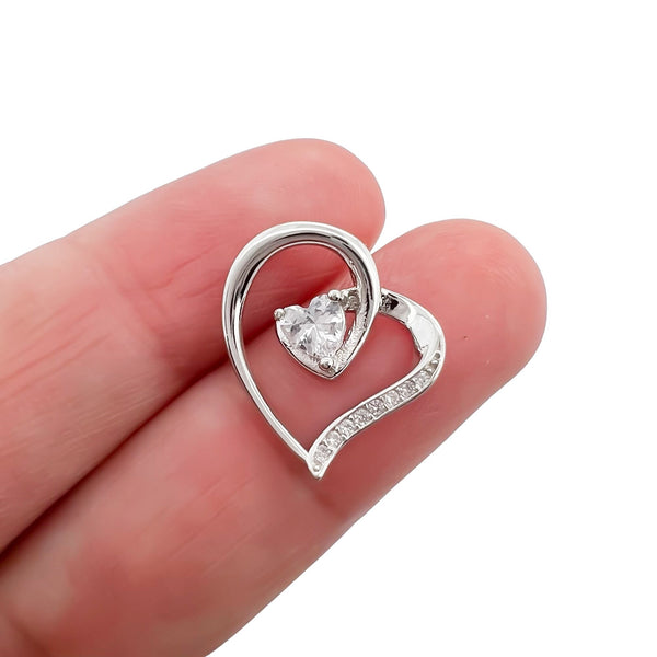Sterling Silver Open Heart with Cubic Zirconia Pendant, 16mm