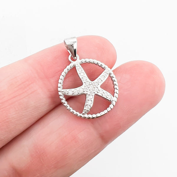 Silver Starfish Pendant with Cubic Zirconia Crystals, 14mm