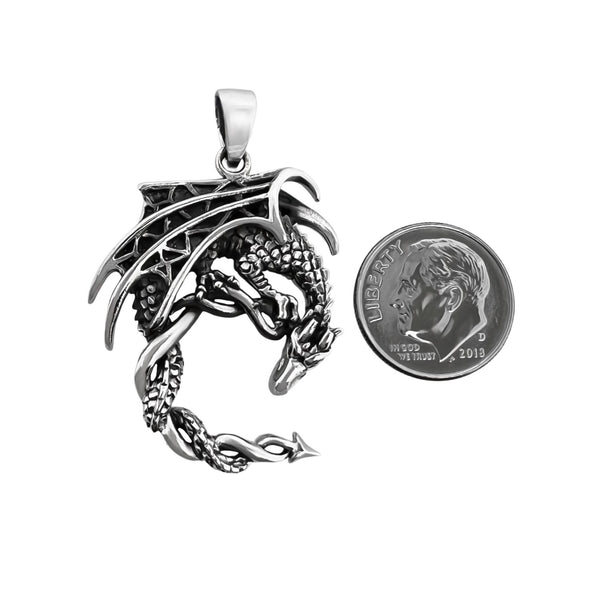 Sterling Silver Dragon Pendant with Oxidized Finish, 36mm