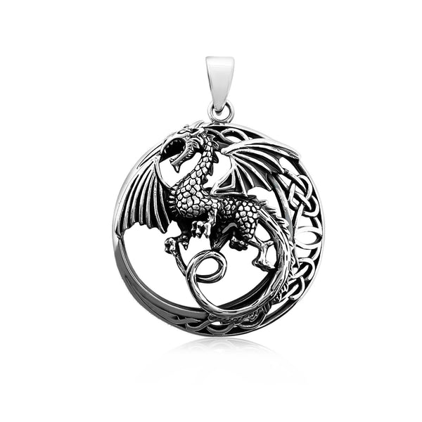 Sterling Silver Dragon Pendant with Oxidized Finish, 34mm