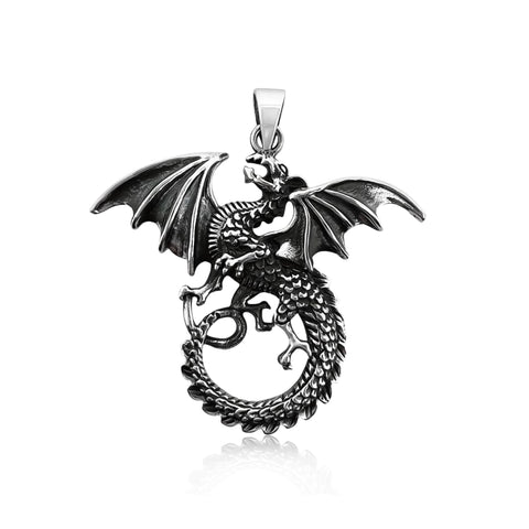 Sterling Silver Dragon Pendant with Oxidized Finish, 40mm