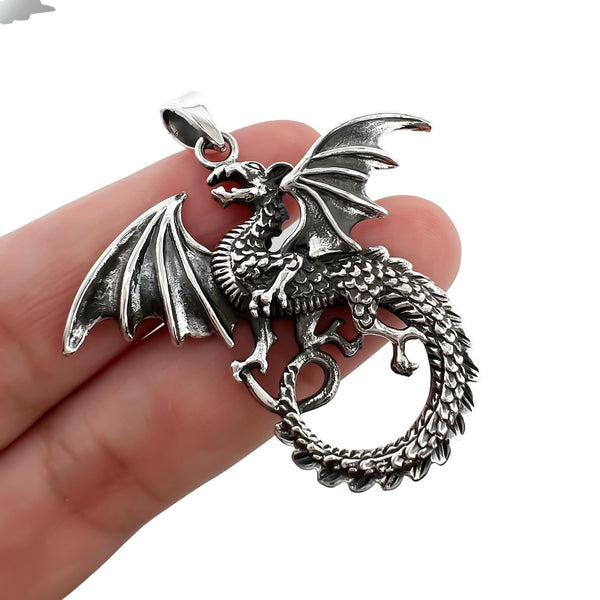 Sterling Silver Dragon Pendant with Oxidized Finish, 40mm