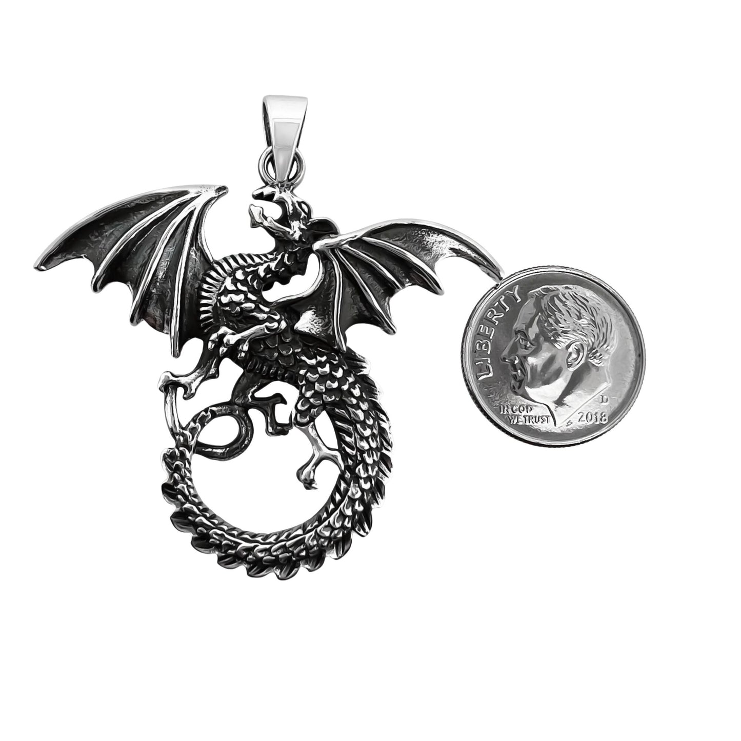 Sterling Silver Dragon Pendant with Oxidized Finish, 40mm