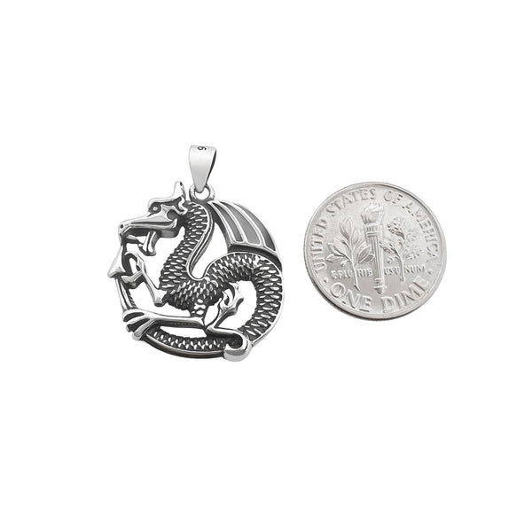 Sterling Silver Sleeping Dragon Pendant with Oxidized Finish, 24mm