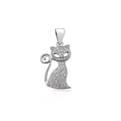 Sterling Silver and Cubic Zirconia Cat Pendant, 20mm