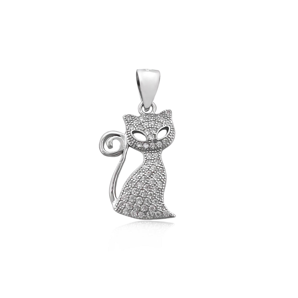 Sterling Silver and Cubic Zirconia Cat Pendant, 20mm