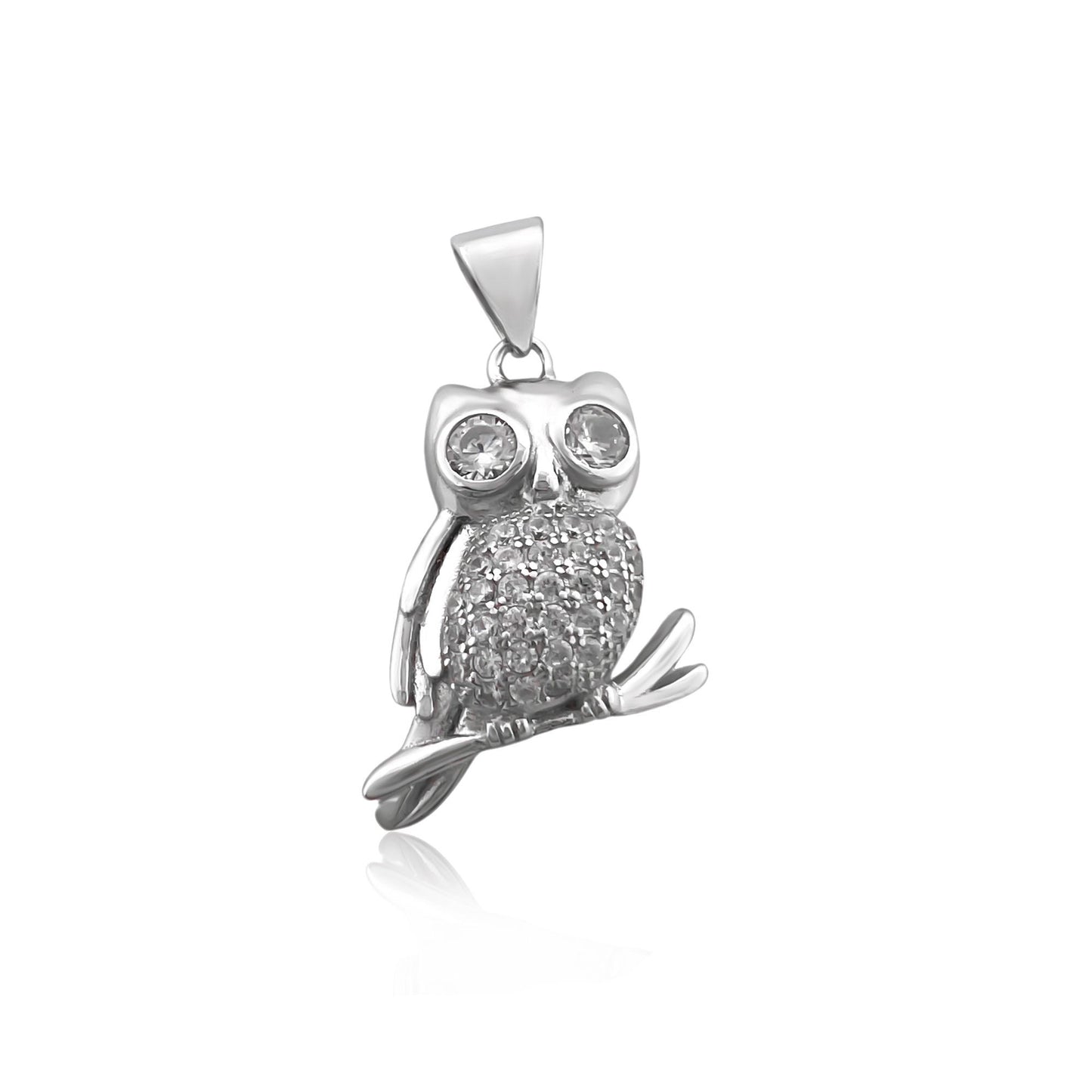 Sterling Silver Owl Pendant with Cubic Zirconia Crystals, 22mm