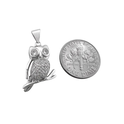 Sterling Silver Owl Pendant with Cubic Zirconia Crystals, 22mm