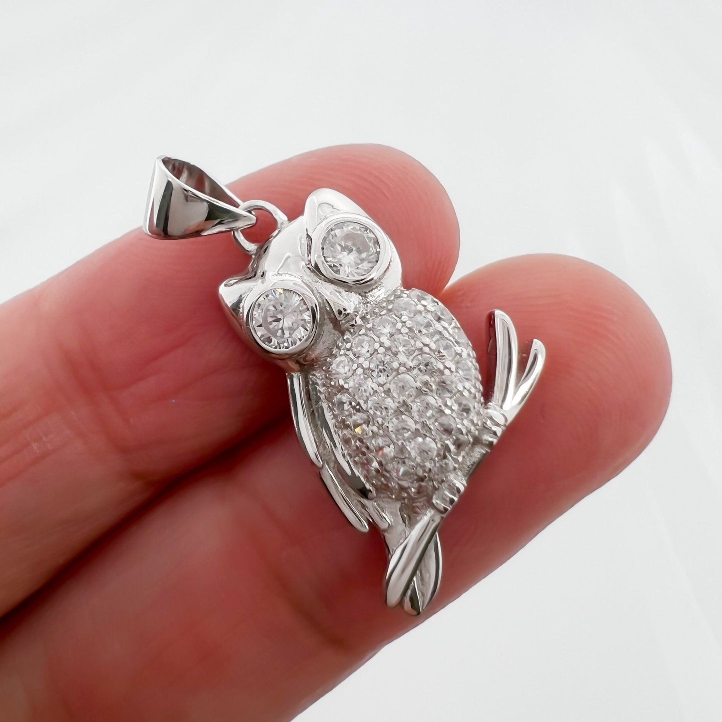 Sterling Silver Owl Pendant with Cubic Zirconia Crystals, 22mm