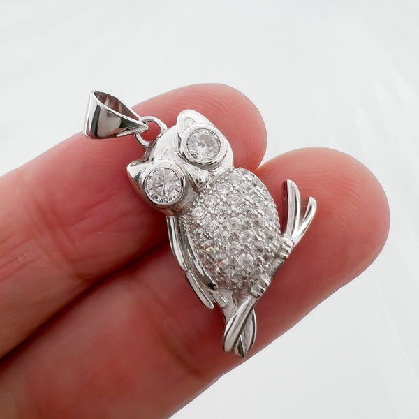 Sterling Silver Owl Pendant with Cubic Zirconia Crystals, 22mm