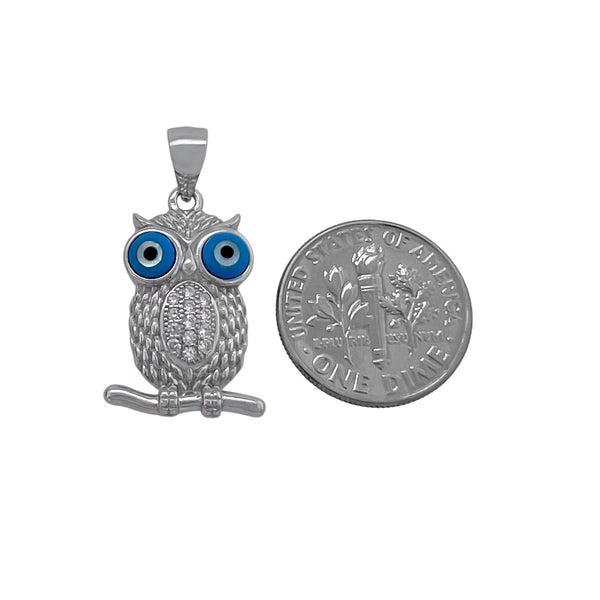 Sterling Silver Owl Pendant with Cubic Zirconia Crystals, 19mm