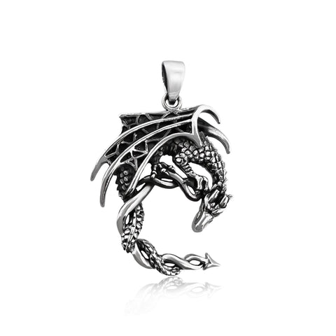 Sterling Silver Dragon Pendant with Oxidized Finish, 36mm