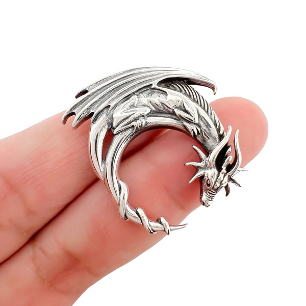 Sterling Silver Sleeping Dragon Pendant with Oxidized Finish, 29mm