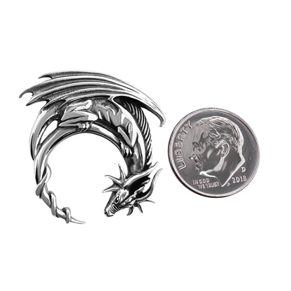 Sterling Silver Sleeping Dragon Pendant with Oxidized Finish, 29mm