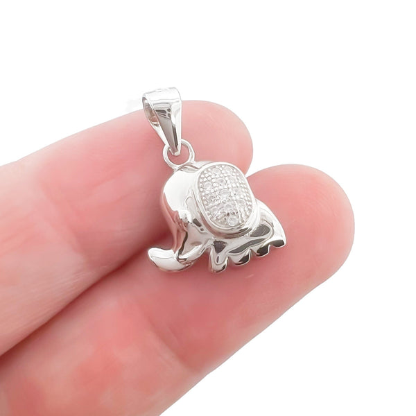 Small Sterling Silver Baby Elephant Pendant with Cubic Zirconia Crystals, 14mm
