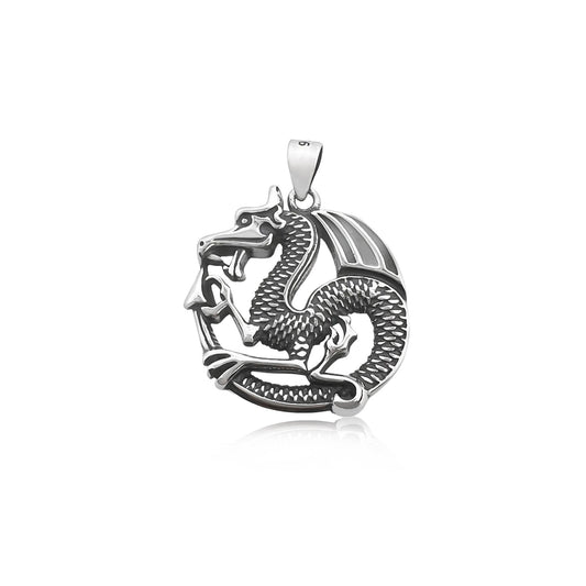 Sterling Silver Sleeping Dragon Pendant with Oxidized Finish, 24mm