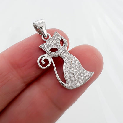 Sterling Silver and Cubic Zirconia Cat Pendant, 20mm