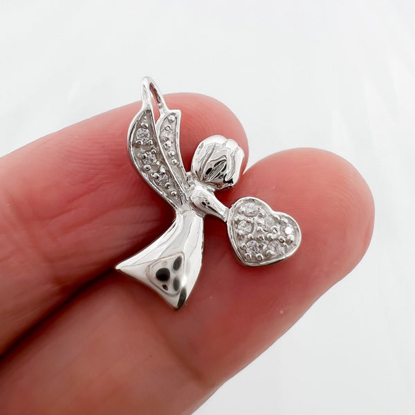 Tiny Sterling Silver Angel Pendant with Cubic Zirconia Crystals, 18mm