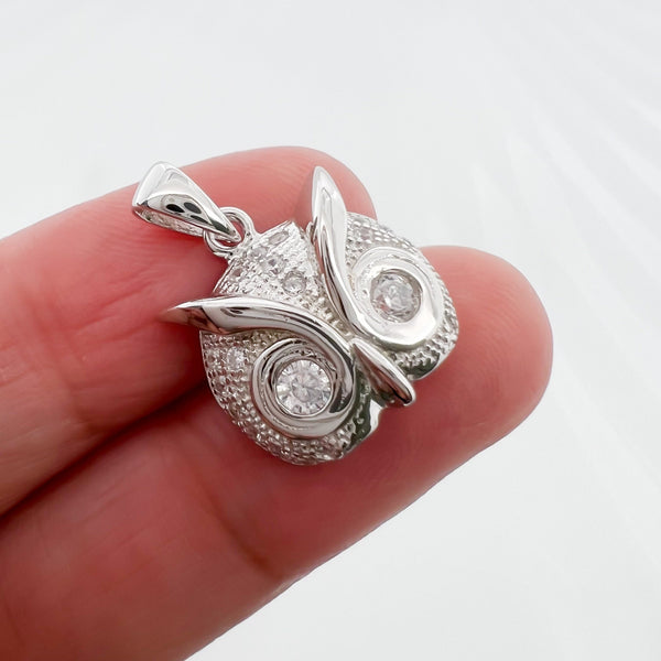 Sterling Silver and Cubic Zirconia Owl Pendant, 14mm