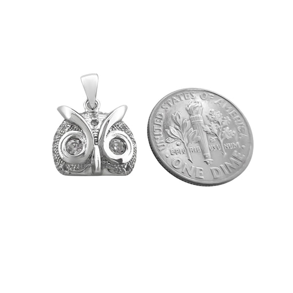 Sterling Silver and Cubic Zirconia Owl Pendant, 14mm