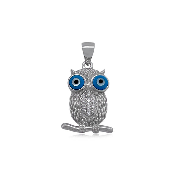 Sterling Silver Owl Pendant with Cubic Zirconia Crystals, 19mm