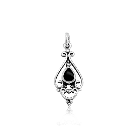 Sterling Silver Ornate Teardrop Pendant with Black Onyx Stone, 23mm