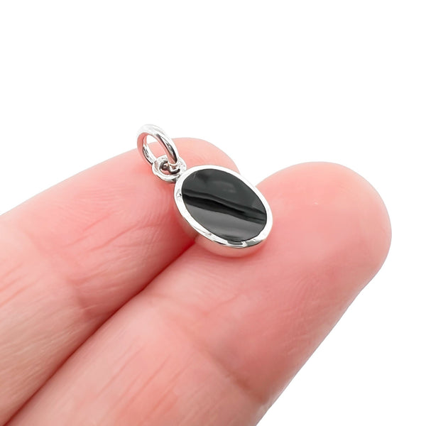 Tiny Sterling Silver Oval Pendant with Black Onyx Stone, 12mm