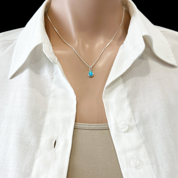 Tiny and Dainty Sterling Silver Teardrop Pendant with Lab Created Blue Opal Stone, 12mm