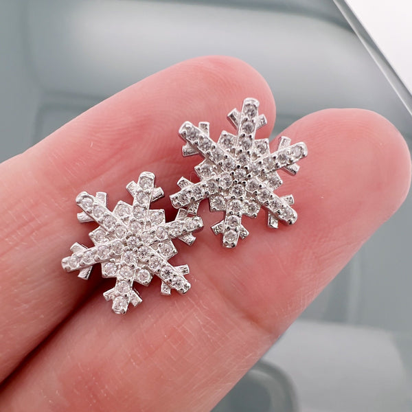 Tiny and Dainty Sterling Silver Snowflake Earrings with Cubic Zirconia Crystals