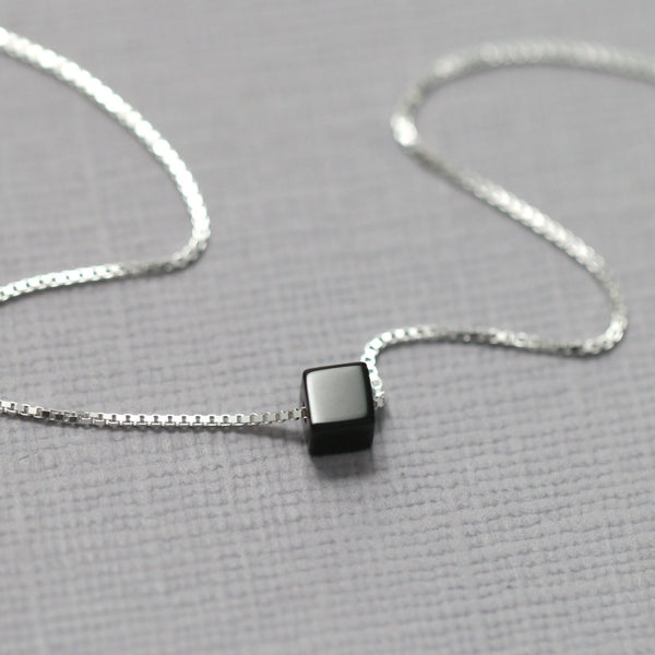 tiny black onyx cube necklace