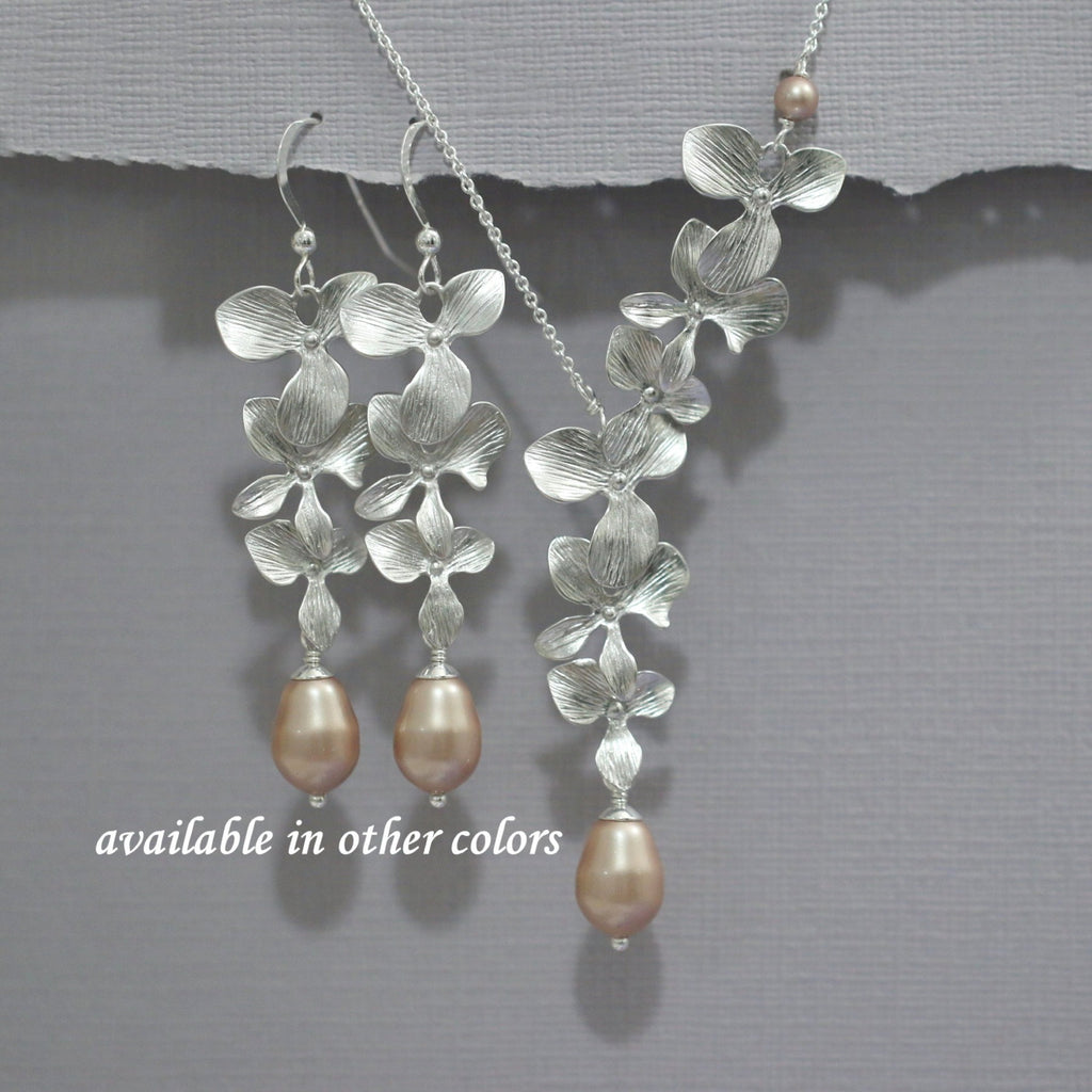 triple orchid cascade and champagne pearl necklace and earrings set
