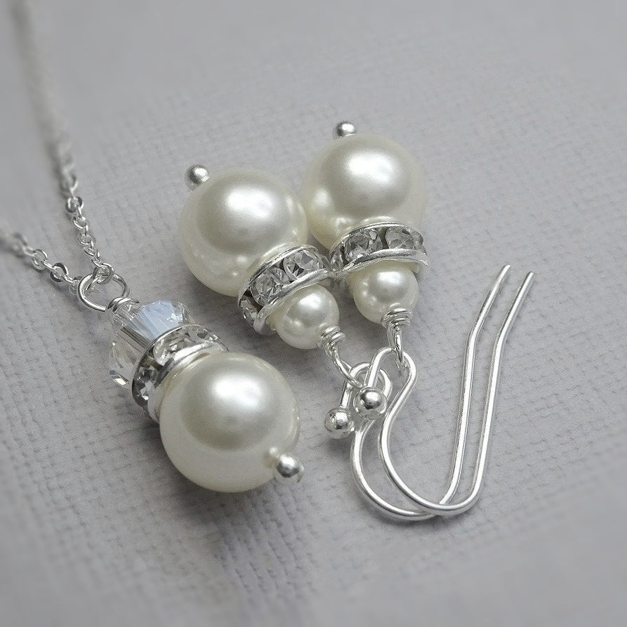 white pearl and crystal necklace and earrings set