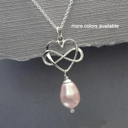 infinity heart and light pink pearl necklace