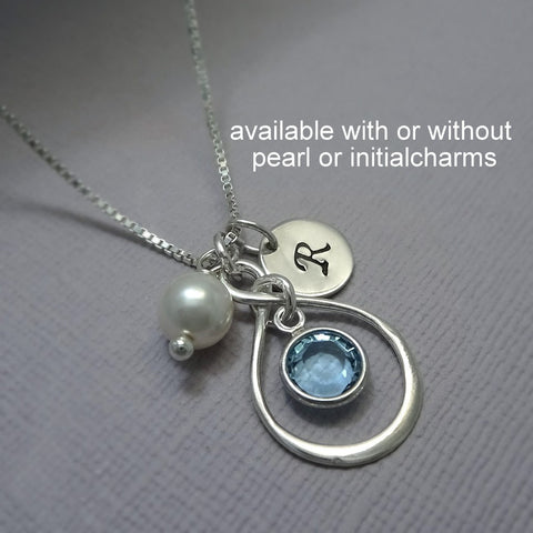 infinity channel necklace, with pearl and initial charms