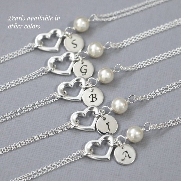 open heart and ivory pearl bracelet with initial charm