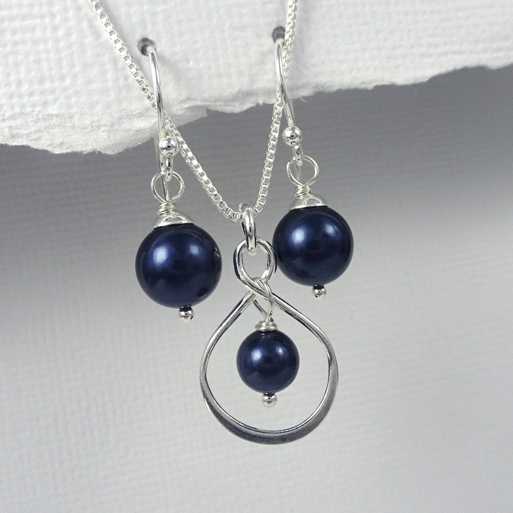 infinity and navy pearl necklace and earrings set