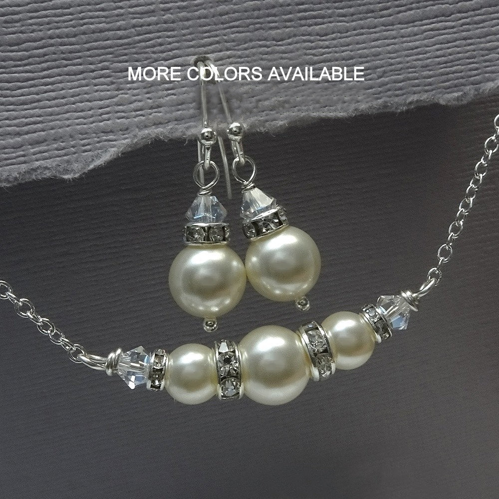 ivory pearl and clear crystal necklace and earrings set