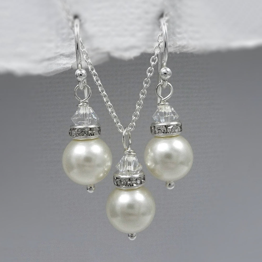 ivory pearl and clear crystal necklace and earrings set