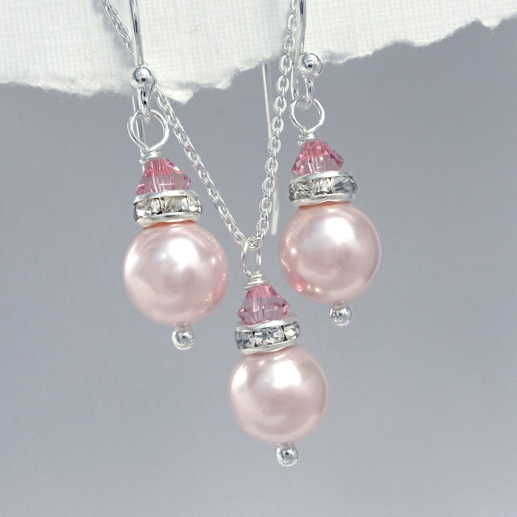 light pink pearl and light pink crystal necklace and earrings set
