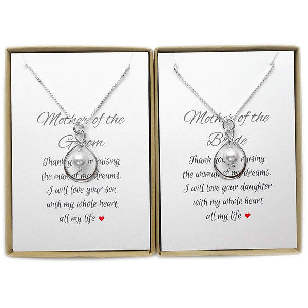 set of 2 infinity and white pearl necklaces with sentiments card
